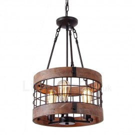 3 Light Drum Vintage Wooden Chandelier Industrial Wind Bar Loft Coffee Restaurant Wood Linear Pendant Lighting
