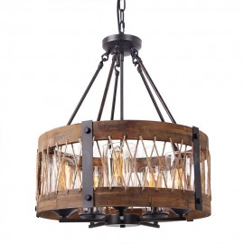 5 Light Drum Vintage Wooden Chandelier Industrial Wind Bar Loft Coffee Restaurant Wood Linear Pendant Lighting