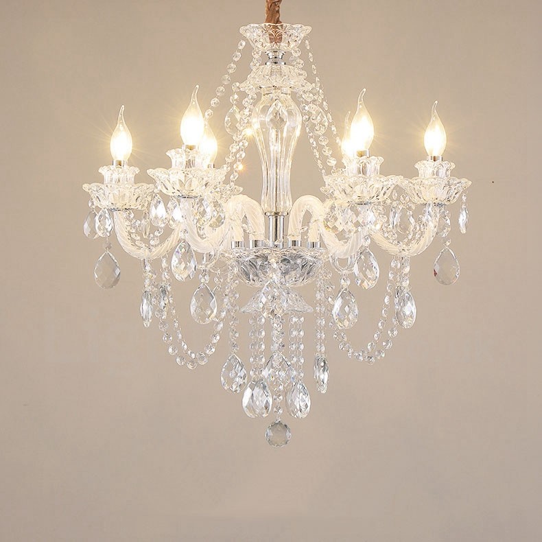 6 Light Clear Crystal Candle Chandelier, White Candle Chandelier With Crystals