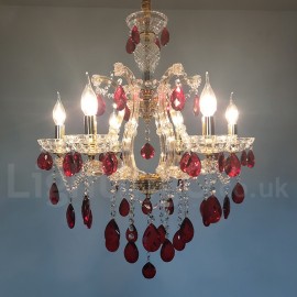 6 Light Gold Candle Chandelier with Red Crystal for Living Room, Bedroom, Dinning Room