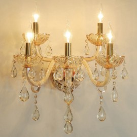 5 Light Gold K9 Crystal Candle Retro E12/E14 Glass Wall Light