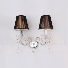 2 Light Chrome Silver Colour K9 Crystal Candle Retro E12/E14 Glass Wall Light with Black Fabric Shades