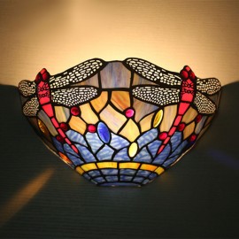 Diameter 30cm (12 inch) Handmade Rustic Retro Stained Glass Wall Light Dragonfly Pattern Shade Bedroom Living Room Dining Room