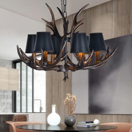 6 Light Black Rustic Artistic Retro Antler Antique Chandelier with Shades for Living Room, Dining Room, Bedroom, Shop, Cafes, Bar