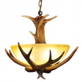 One Light Rustic Artistic Retro Antler Antique Pendant Light with Glass Shade for Living Room, Dining Room, Bedroom, Shop, Cafes