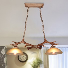 2 Light Brown Rustic Artistic Retro Antler Antique Pendant Light with Glass Shade for Living Room, Dining Room, Bedroom, Shop, C