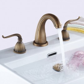 Brass Three Hole Retro Style Contain Two Handles Bathroom Tap