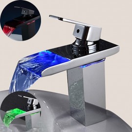 Supply Hose LED Waterfall Spout Single Handle Vessel Lavatory Tap Slanted Body Basin Mixer Tap