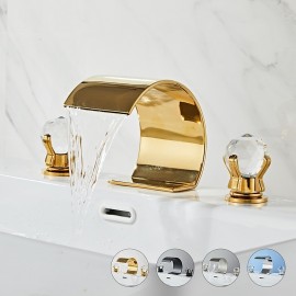 Dual Crystal Knobs Vanity Basin Mixer Tap Bathtub Filler Tap Waterfall Tap for Bathroom(Golden Black Chrome)