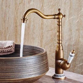 Antique Brass Single Handle Bath Tap Retro Style Ceramic Handle Rotatable Tap Bathroom Sink Tap