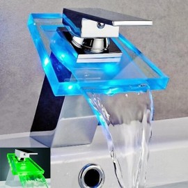 Waterfall Chrome Battery Powered LED Single Handle Bath Tap Brass Bathroom Sink Tap