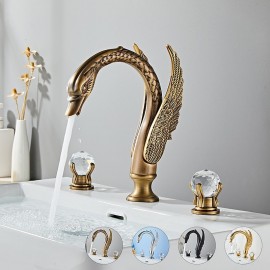 Crystal Knobs Brass Swan Shape Crystal Knobs 2 Handle Golden Bath Tap(Golden Black Chrome) Bathroom Sink Tap