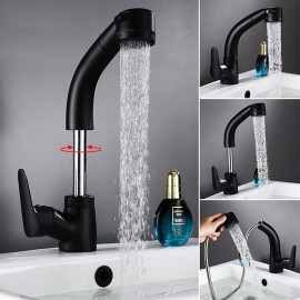 Matte Black Bathroom Basin Tap Pull Out Spout Rotatable Liftable Body Deck Mounted Mixer Tap