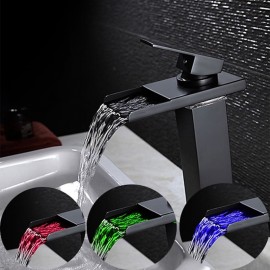 Single Handle Black LED Color Changes with Temperature Waterfall Brass Bathroom Sink Tap