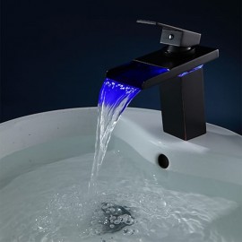 Waterfall Oil rubbed Bronze Single Handle Water Flow LED Power Source Bath Tap Brass Bathroom Sink Tap