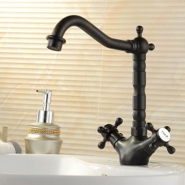 Black Deck Mounted Rotatable Tap Oil rubbed Two Handles Bath Tap Copper Bathroom Sink Tap