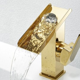 Waterfall Brushed Golden Single Handle Bathroom Sink Tap