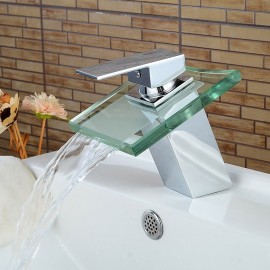 Modern Chrome Glass Waterfall Bathroom Basin Single Handle Bath Tap Switch