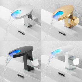 LED Waterfall Temperature Controlled 3 Colors Electroplated Single Handle Bathroom Sink Tap
