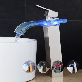 LED Waterfall Nickel Plated Glass Single Handle Bath Tap Brass Bathroom Sink Tap