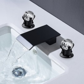 Two Crystal Knob Handles Waterfall Matte Black Chrome Deck Mounted for Bathtub or Sink