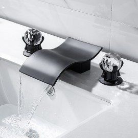 Two Crystal Knob Handles Waterfall Matte Black Chrome Deck Mounted for Bathtub or Sink