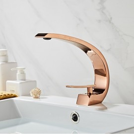 Rose Gold Bend Shape Single Handle Tap Set Brass Bathroom Sink Tap
