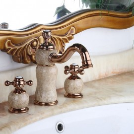 Deck Mount Bathroom Basin Tap Marble Stone Rose Gold Lavatory Two Handles Sink Tap