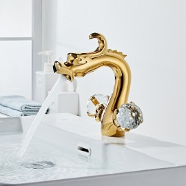 Crystal Handle Dragon Shape Antique Brass Two Handle Bath Tap Hold Hot Switch Bathroom Sink Tap