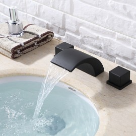 Black Waterfall Two Handles Basin Sink Mixer Tap Brass Bathroom Sink Tap