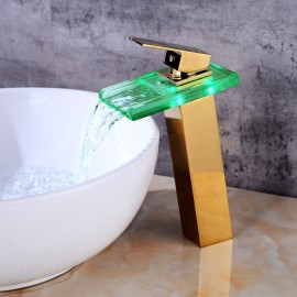 Tall Body Golden Basin Tap Single Handle Bath Tap Temperature control LED Bathroom Sink Tap