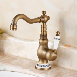 Antique Brass Retro Style Single Handle Rotatable Tap Ceramic Handle Bathroom Sink Tap