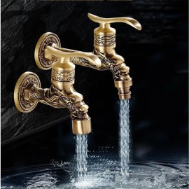 Outdoor Tap Wall Mount Antique Brass Tap Garden Outdoor Decorative Hose Connection Spigot Carving Desigh with Cold Water Only