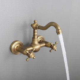 Two Handles Golden Wall Mount Retro Style Bathroom Sink Tap