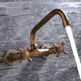 Brass Wall Mount Two Handles Copper se Bathroom Sink Tap