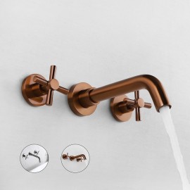 Wall Mount Rotatable Rose Gold Two Handles Bath Tap Brass Bathroom Sink Tap