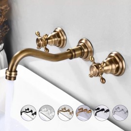 Brass Wall Mounted Two Handles Bathroom Sink Tap