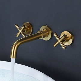 Brushed Gold Wall Mount Tap Brass Basin Mixer Rough Valve Included Double Handle for Sink Basin Washroom Mixer Tap Bathroom Sink Tap