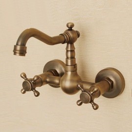 Wall Mount Two Handles Bath Tap ands Antique Copper Bathroom Sink Tap