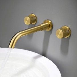 Brass Wall Mounted Double Handles Nickel Brushed Gold Finish Washroom Tap Bathroom Sink Tap