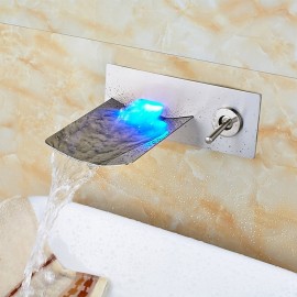 LED Wall Mount Waterfall Nickel Brushed Wall Mounted Single Handle Bathroom Sink Tap
