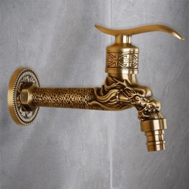 Outdoor Tap Single Handle Goldon Dragon Head Wall Mounted Retro Brass Tap Body With Cold Water Only