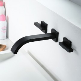 Wall Mount Brass Waterfall Black Two Handles Bathroom Sink Tap