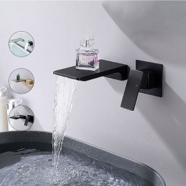 Waterfall Wall Mounted Bathroom Sink Mixer Tap Matte Black Solid Brass Basin Mixer Tap