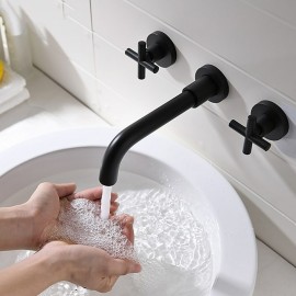Brass Wall Mount Black Oxide Finish Two Handles Bathroom Sink Tap
