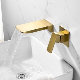 Wall Mounted Brushed Gold Finish Basin Mixer Tap Waterfall Single Handle Washroom Tap Luxury Bathroom Sink Tap