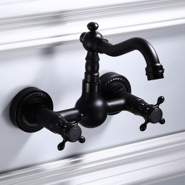 Wall Mount Black Two Handles Bathroom Sink Tap