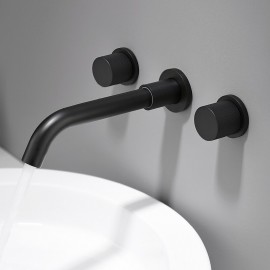 Black Finish Wall Mounted Basin Sink Mixer Tap Dual Lever Lavatory Tap Contemporary Bathroom Sink Tap
