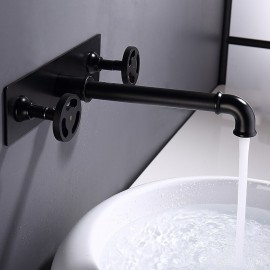 Wall Mount 2 Handle Rough in Valve Included Basin mixer Tap Matte Black Bathroom Sink Tap