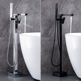 Floor Mount Tub Filler Single Handle Brass Tap Hand Shower 360 Degree Swivel Spout Freestanding Bathtub Tap